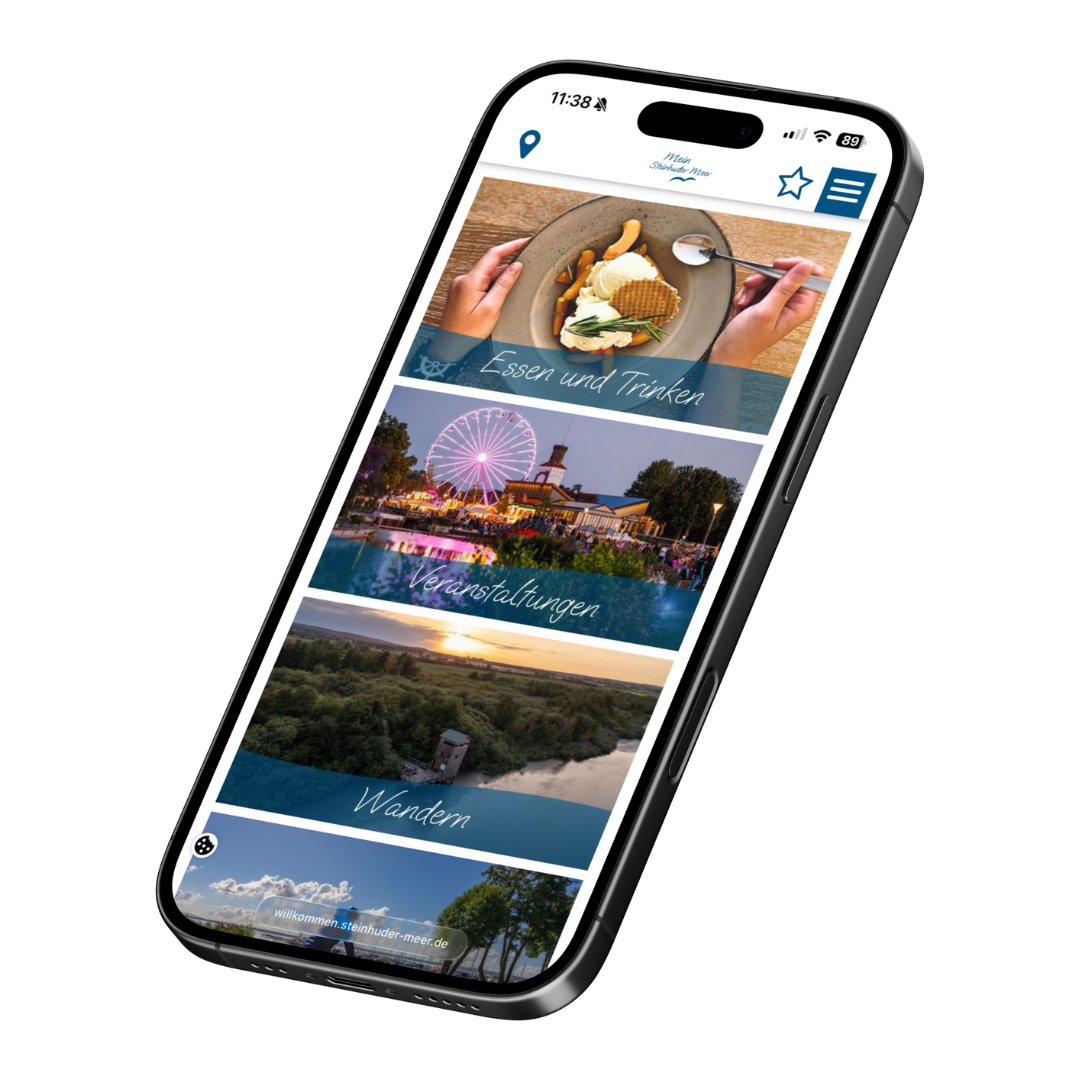 Mobiltelefon mit App-Ansicht zu Reise-Aktivitäten: Wandern, Radfahren, Veranstaltungen, Essen und Trinken