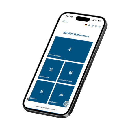 Mobiltelefon mit App-Ansicht zu Reise-Aktivitäten: Wandern, Radfahren, Veranstaltungen, Essen und Trinken