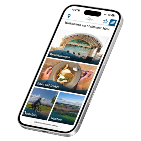 Mobiltelefon mit App-Ansicht zu Reise-Aktivitäten: Wandern, Radfahren, Veranstaltungen, Essen und Trinken